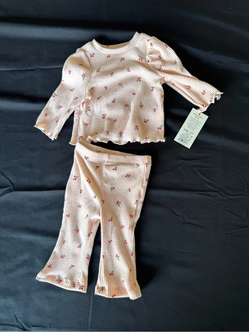 NWT Cat & Jack Baby Girl 0-3M 2-Piece Cherry Print Ribbed Top & Flare Pants Set